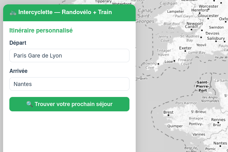 Aperçu : panneau de recherche d'un itinéraire personnalisé d'un point A à un point B